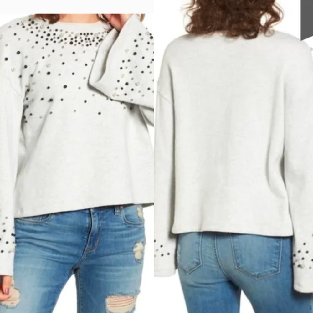 ☀️ NORDSTROM BP Pearl Beaded Bell Sleeve Sweater Gray Small Casual Winter